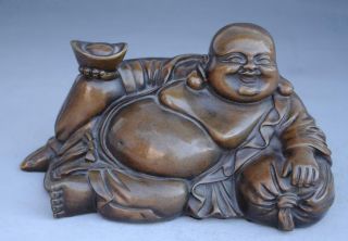 Old Chinese Copper Carved Happy Laugh Maitreya Buddha Yuanbao Statue E01