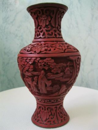 Vintage Chinese Cinnabar Or Style Vase Brass And Blue Enamel Interior,  16.  5 Cm.