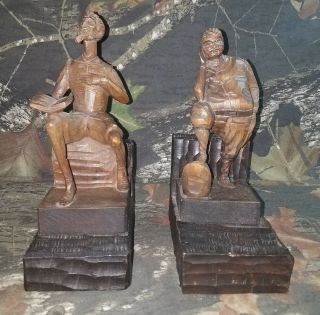 Hand Carved Wooden Don Quixote Sancho Panza Bookends Spain Tramp Art Cw