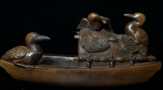 Old Souvenir Collectable Boxwood Handwork Carve Three Duck By Boat Art Statue 3
