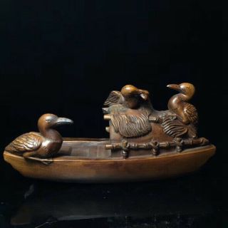 Old Souvenir Collectable Boxwood Handwork Carve Three Duck By Boat Art Statue 5
