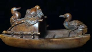 Old Souvenir Collectable Boxwood Handwork Carve Three Duck By Boat Art Statue 6