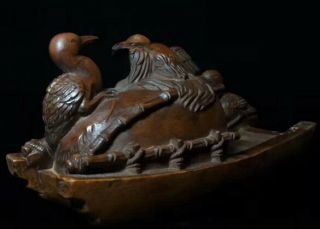 Old Souvenir Collectable Boxwood Handwork Carve Three Duck By Boat Art Statue 7