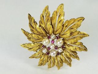 Vintage Pearl Ruby 18k Solid Gold Italian Leaf Floral Brooch Pin