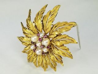 Vintage Pearl Ruby 18K Solid Gold Italian Leaf Floral Brooch Pin 2