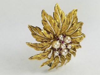 Vintage Pearl Ruby 18K Solid Gold Italian Leaf Floral Brooch Pin 3