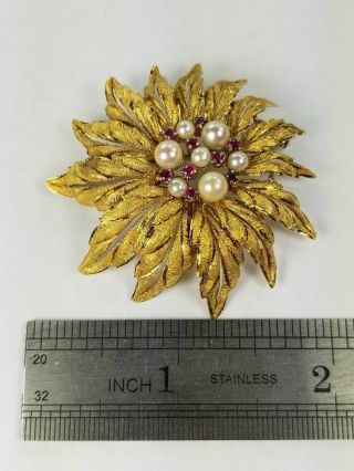 Vintage Pearl Ruby 18K Solid Gold Italian Leaf Floral Brooch Pin 4
