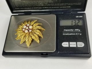 Vintage Pearl Ruby 18K Solid Gold Italian Leaf Floral Brooch Pin 6