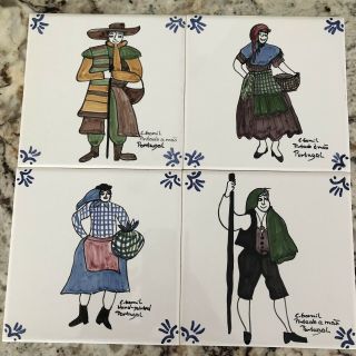 4 Vintage Villagers Hand Painted Tiles Made In Portugal 6 X 6 "