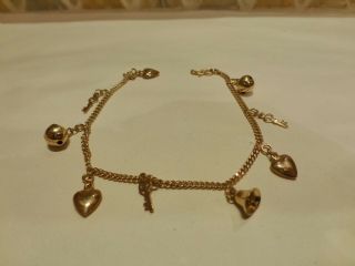 Vintage 18k Yellow Gold Charm Bracelet 3d Bell Key Heart Love 7 " Chime 6.  5g Cute