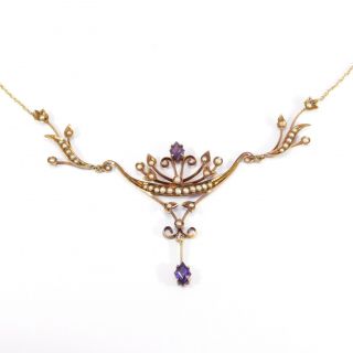 14k Victorian Amethyst Seed Pearl Lavalier Necklace