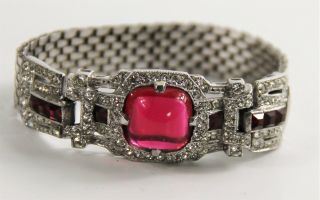 7.  5 " Vintage Jewelry Art Deco Mazer Bracelet Red Cabochon Princess Set & Pave