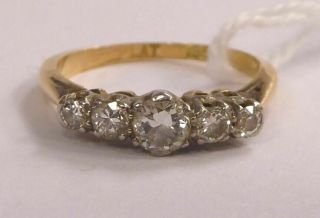 Fine Vintage Art Deco 18ct Gold & Plat 0.  40 Ct Old Cut Diamond Five Stone Ring