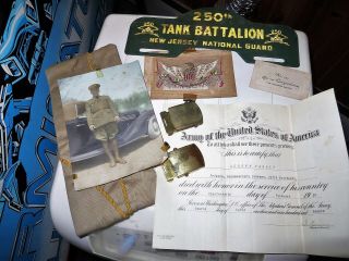 1919 Wwi Soldiers Postcard Metal 250 Tank Battalion Sign And Death Certificate