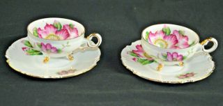 Qty 2 Stunning Vintage 3 Footed Tea Cup And Saucer Pink Flowers