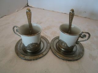 Vintage Royal Monopoli Set 2 Demitasse Espresso Cups Silver Plate Holders Italy