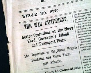 Fort Sumter Attack Imminent & The Start Of The Civil War Close 1861 Newspaper