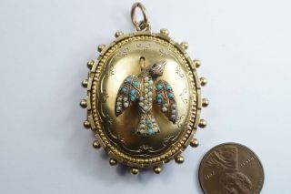 Antique English Silver Gilt Turquoise Pearl Swallow Locket Pendant C1880