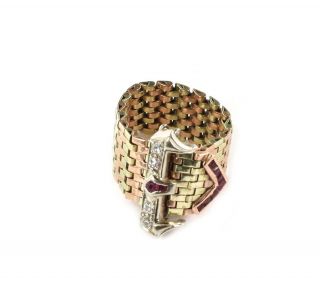 Vintage Diamond Ruby 14k Tricolor Gold Flex Belt Buckle Ring Liquidation