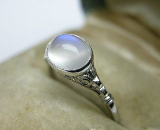 Antique Art Deco Edwardian Blue Hue Moonstone Platinum Filigree Engagement Ring