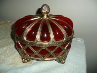 Solid Brass And Red Glass Covered Compote Bowl Dish