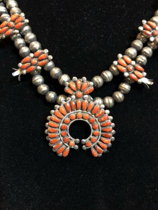 Zuni Signed R.  Lonasee Sterling And Coral Seed Squash Blossom Necklace