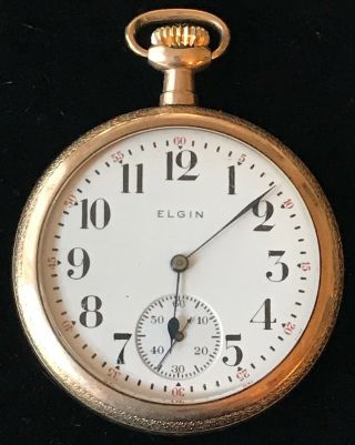 Antique 1915 ELGIN 7 Jewel Size 16S Open Face Gilt Pocket Watch Serial 18278945 2