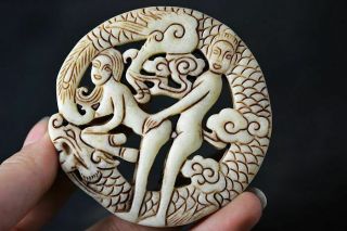 Unique Chinese Old Jade Carved Sexy Man&woman/dragon Pendant H83