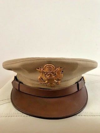 Ww2 Us Army Officer Tan Dress Visor Hat.  Knox.  N.  Y.  Sz 7 1/8.  Owners Tag Attached.