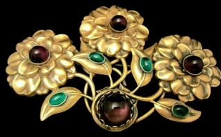 Rare Vintage 5 - 1/2 " Signed Joseff Of Hollywood Jeweled Glass Cab Flower Brooch