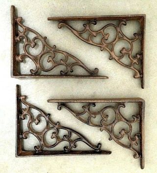 Set Of 4 Ornamental Shelf Bracket Brace Vintage Rustic Antique Brown Cast Iron