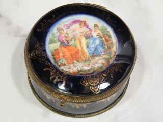 Antique German Hinged Porcelain Trinket Jewelry Box Romantic Women Mirror Cobalt