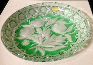 Green Cut To Clear Glass Crystal Dish Plate Vintage