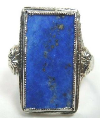 Antique Art Deco Lapis Lazuli 14k White Gold Filigree Ring Size 6.  5 Uk - M1/2 Fine