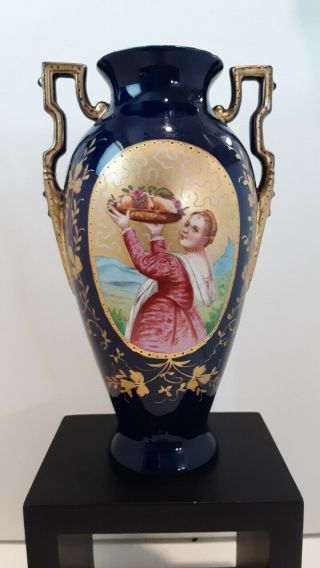 Antique Porcelain Cobalt Blue/gold Hand Painted Vase Girl With Fruit Basket 8x5