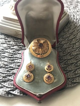 Antique Victorian 18k Gold Tourmaline Brooch Earrings Set Earrings In Orig.  Box