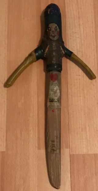 Hand Carved & Hand Painted Folk Art Wood Dagger Dated 1918 With Short Poem