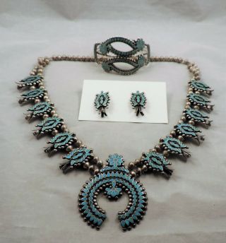 Vintage Southwest Inlay Turquoise Squash Blossom Necklace W/earrings & Bracelet