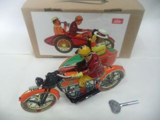 Vintage Motorcycle W/ Sidecar Rope W/ Key Metal Tin Collectible Toy Box