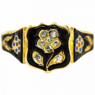 Victorian Rose Cut Diamond And Enamel 18 Carat Gold Mourning Ring