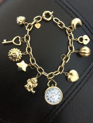 Vicence 7 1/2 " Charm Bracelet W/ Watch 14k Yellow Gold Made In Italy