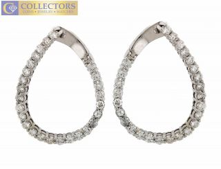 Ladies Elegant 14k White Gold 2.  60ctw Diamond Latch Back Slanted Hoop Earrings