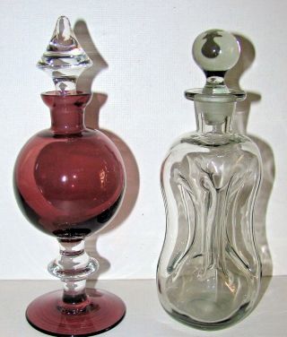Two Vintage Perfume Bottles Amethyst Purple & Clear Footed Lobbed Smoke Glass