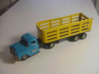 Vintage Japan Gmc Tin Friction Toy Johnson Hauling Co.  Truck & Livestock Trailer