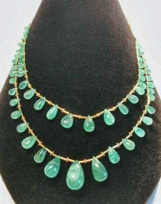 Vintage Italian 18k Yellow Gold 2 - Tier 59 Graduated Teardrop Emeralds Necklace