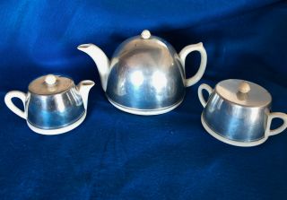 Vintage Art Deco Porcelain Ironstone,  Aluminum And Bakelite 3 Piece Tea Set