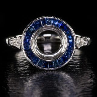 Vintage Diamond Calibre Cut Sapphire Halo Engagement Ring Setting Antique Deco