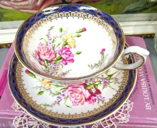 Royal Grafton Tea Cup And Saucer Pink Carnations Cobalt Blue Gold Gilt Teacup