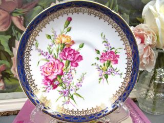 Royal Grafton tea cup and saucer pink Carnations cobalt blue gold gilt teacup 2