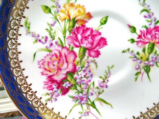 Royal Grafton tea cup and saucer pink Carnations cobalt blue gold gilt teacup 3